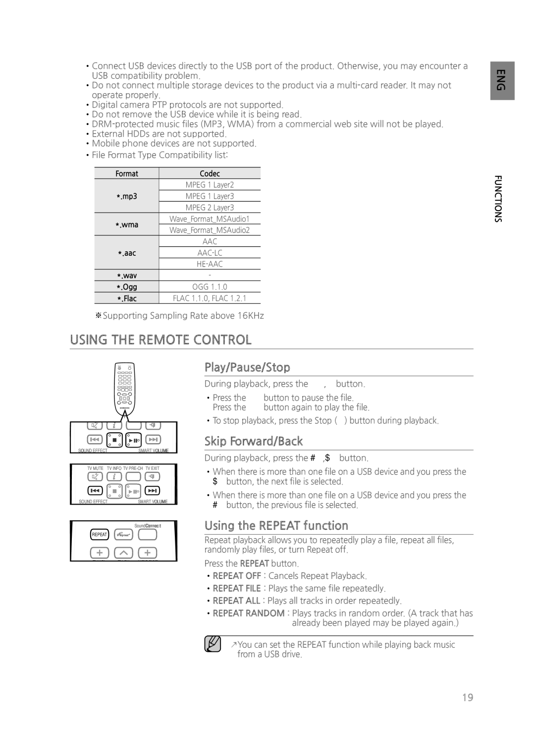 Samsung HW-H551/ZA, HWH550 Using the Remote Control, Power Play/Pause/Stop, Skip Forward/Back, Using the Repeat function 