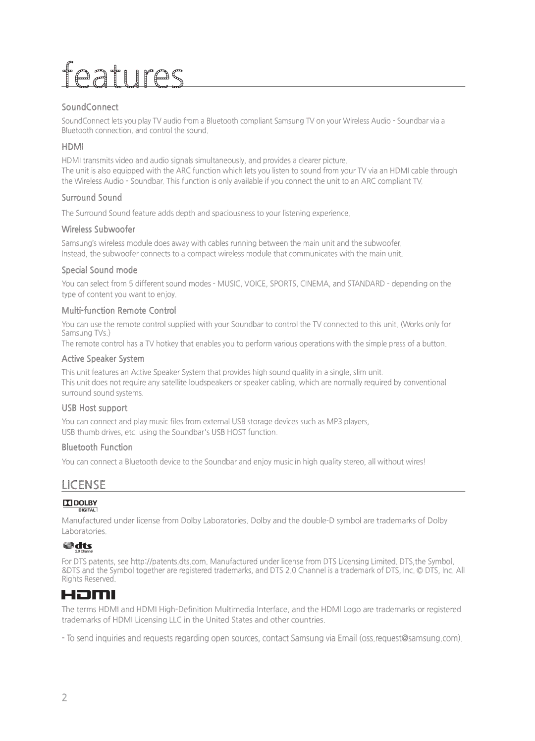 Samsung HW-H550/ZA, HWH550, HWH551, HW-H551/ZA user manual Features, Hdmi 