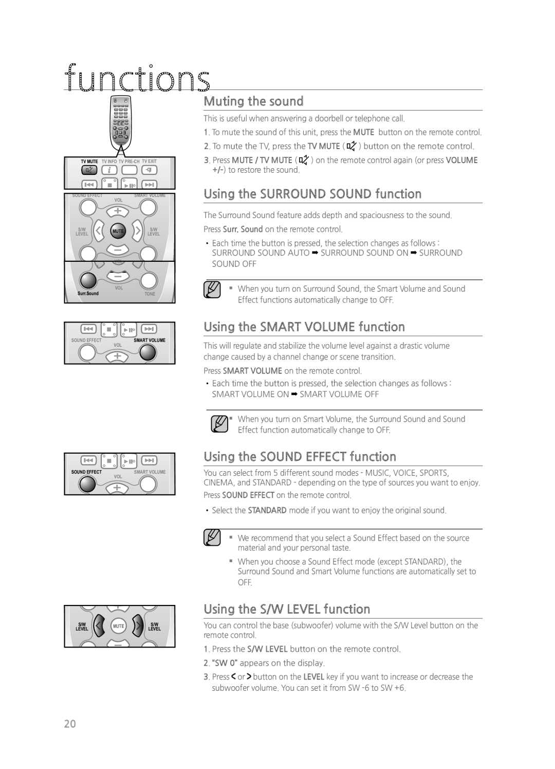 Samsung HWH550, HWH551, HW-H550/ZA Muting the sound, Using the Surround Sound function, Using the Smart Volume function 