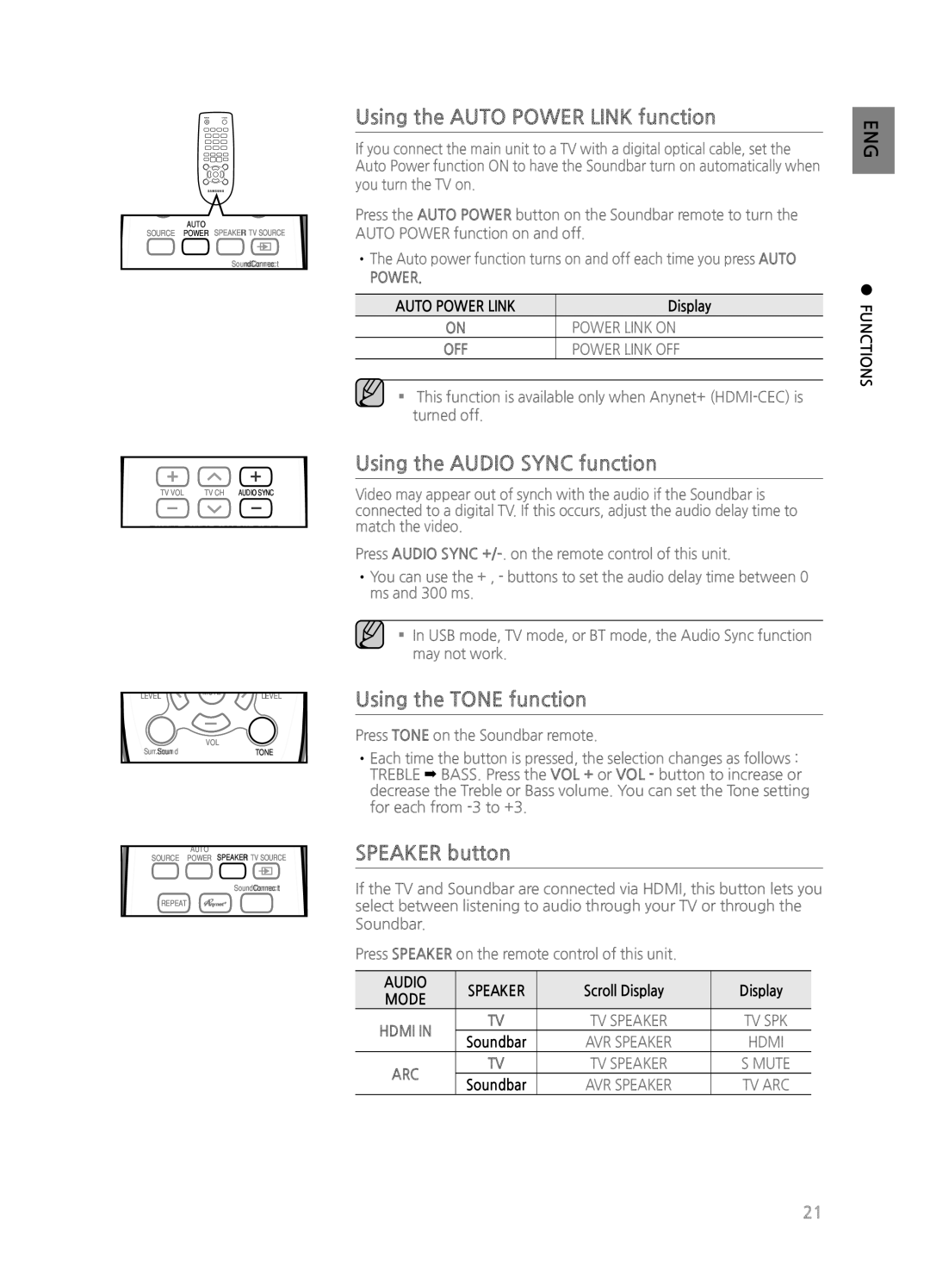 Samsung HWH551 Using the Auto Power Link function, Using the Audio Sync function, Using the Tone function, Speaker button 