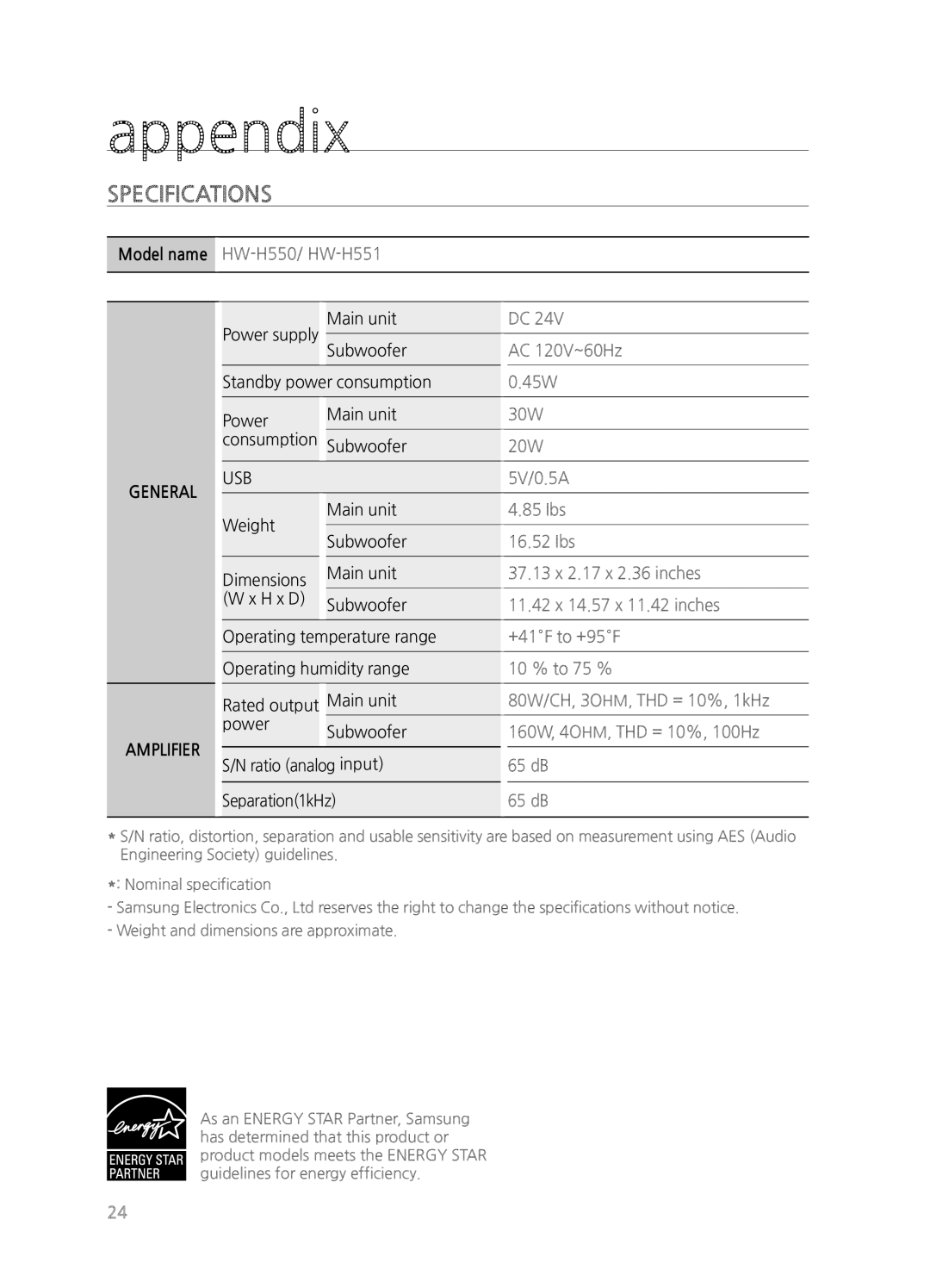 Samsung HWH550, HWH551, HW-H550/ZA, HW-H551/ZA user manual Appendix, Specifications 