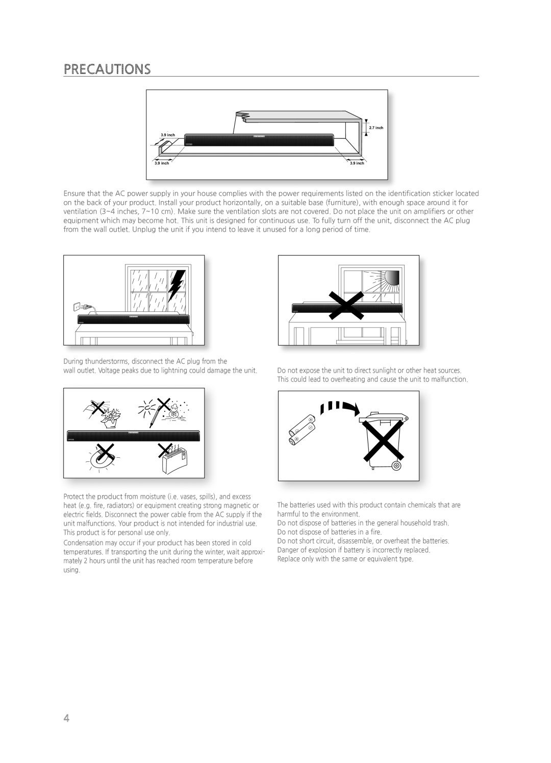 Samsung HWH550, HWH551, HW-H550/ZA, HW-H551/ZA user manual Precautions 