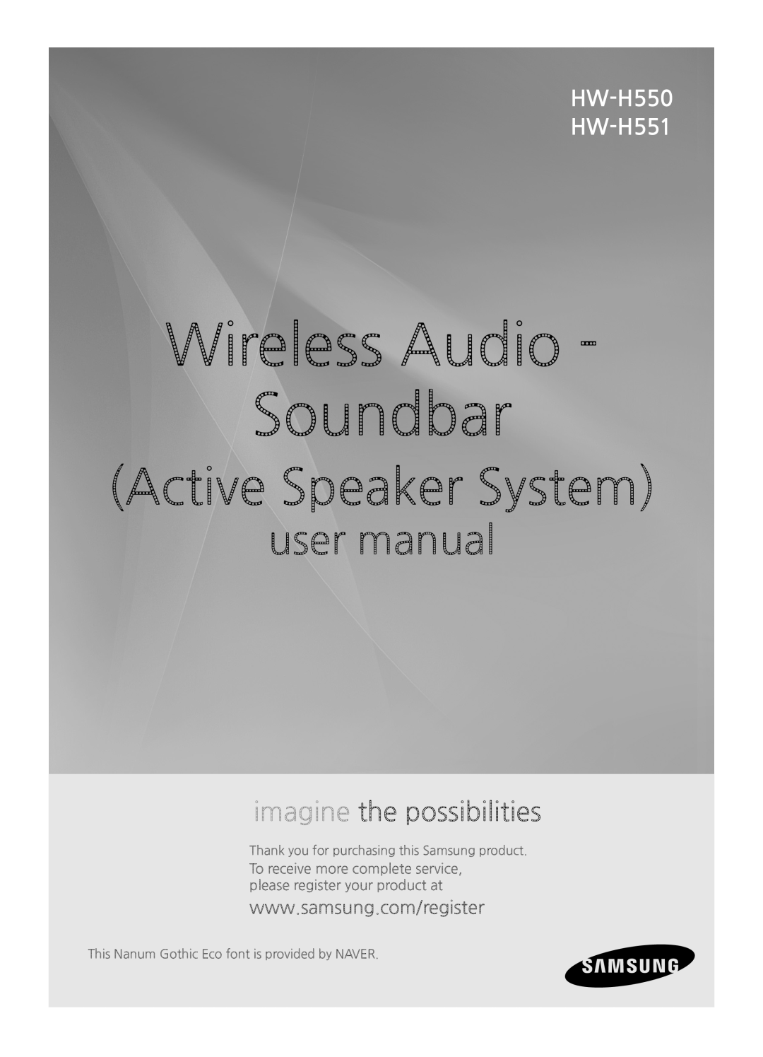 Samsung HWH551 user manual Wireless Audio Soundbar, Active Speaker System, imagine the possibilities, HW-H550 HW-H551 