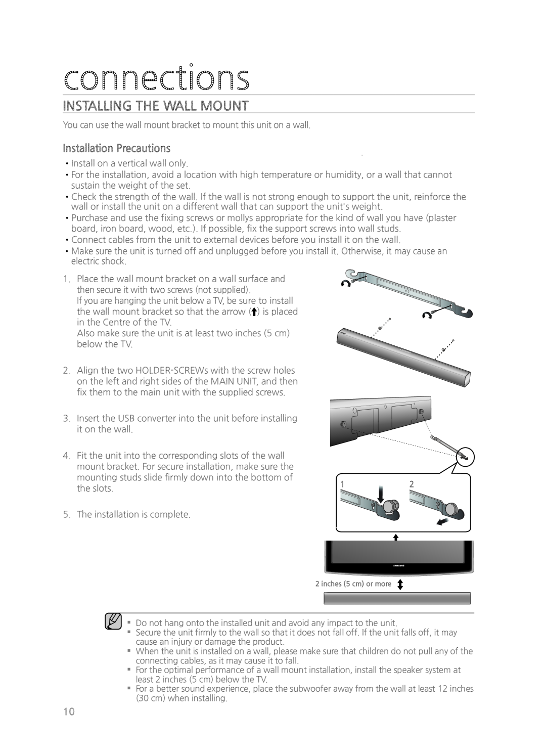 Samsung HW-H550/ZA, HWH550, HWH551, HW-H551/ZA user manual connections, Installing The Wall Mount, Installation Precautions 