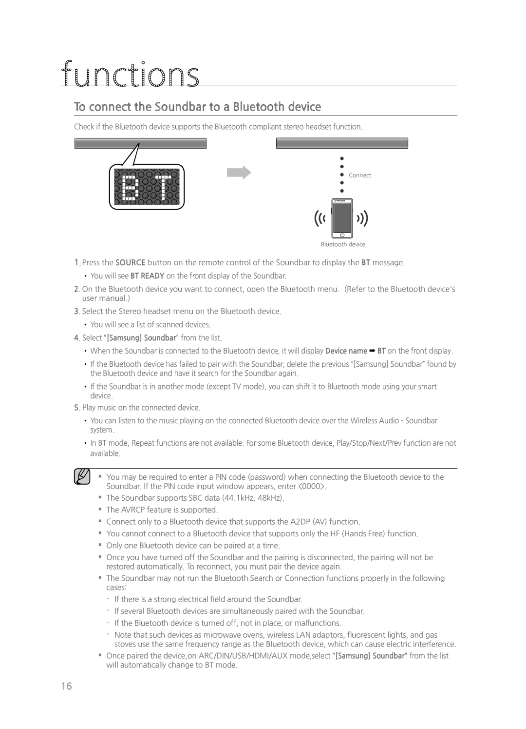 Samsung HWH550, HWH551, HW-H550/ZA, HW-H551/ZA user manual To connect the Soundbar to a Bluetooth device, functions 