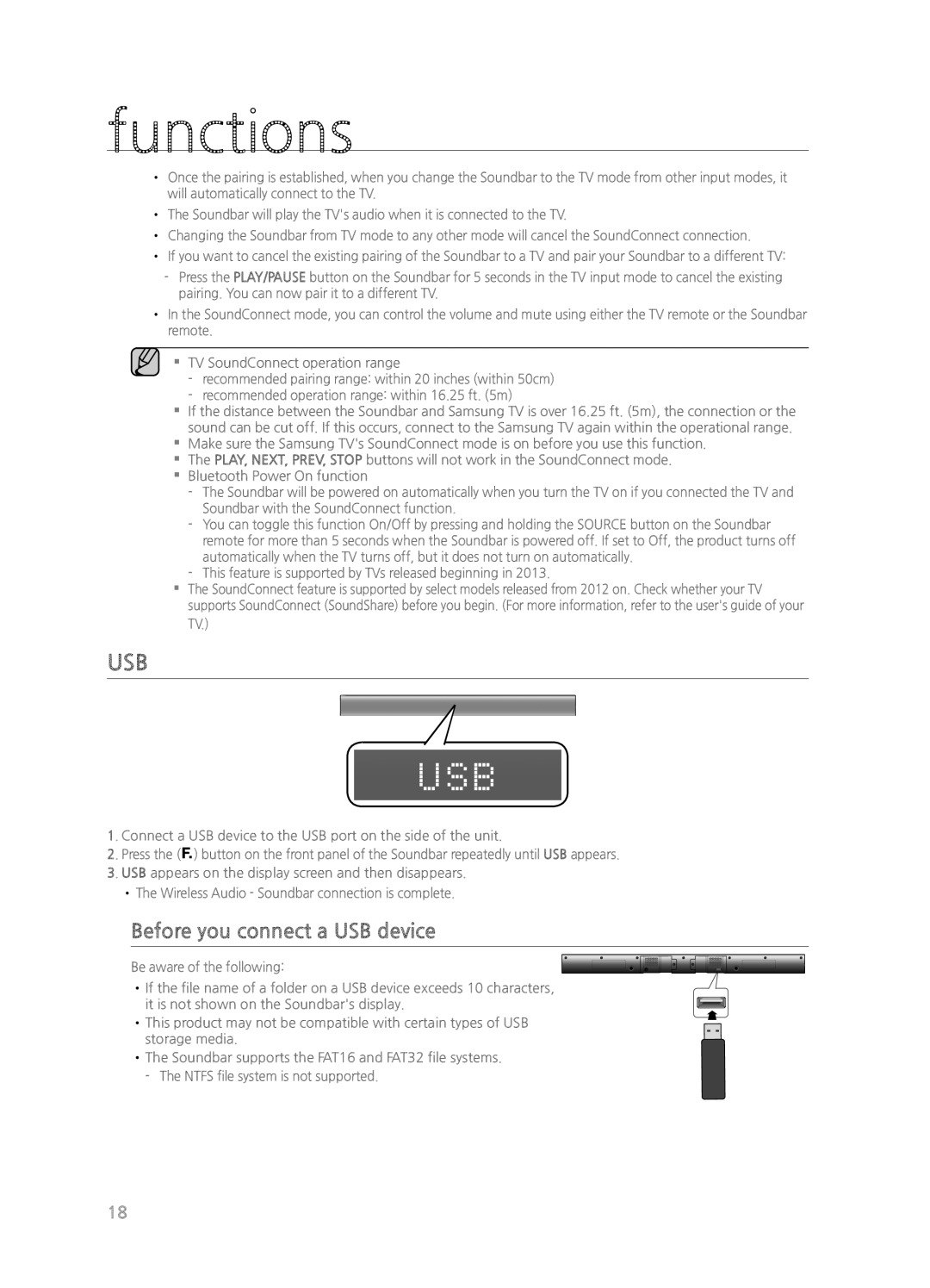 Samsung HW-H550/ZA, HWH550, HWH551, HW-H551/ZA user manual Before you connect a USB device, functions 