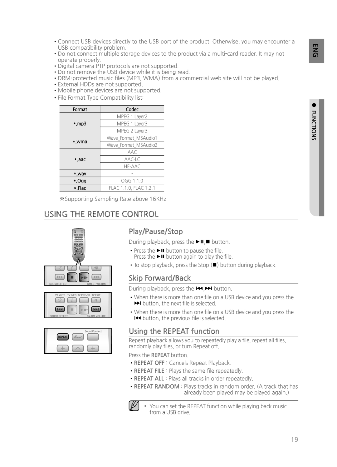Samsung HW-H551/ZA, HWH550 Using The Remote Control, POWER Play/Pause/Stop, Skip Forward/Back, Using the REPEAT function 