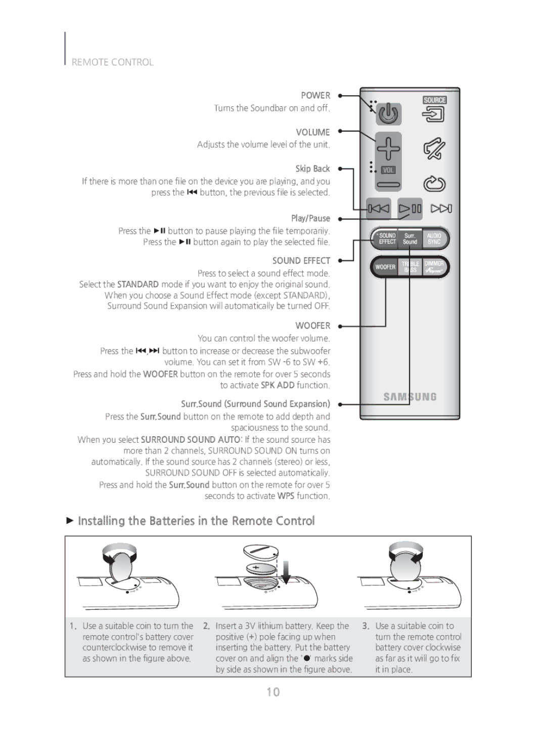 Samsung HWH750 manual + Installing the Batteries in the Remote Control, Skip Back, Play/Pause 