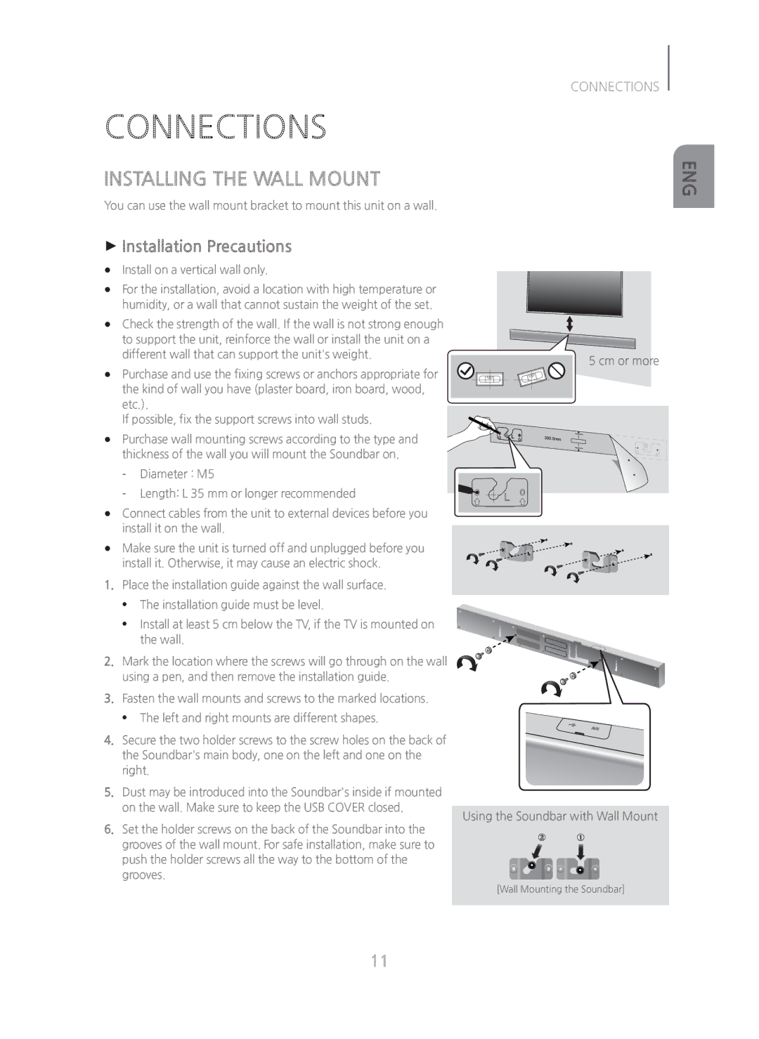 Samsung HWH750 manual Connections, Installing the Wall Mount, + Installation Precautions 