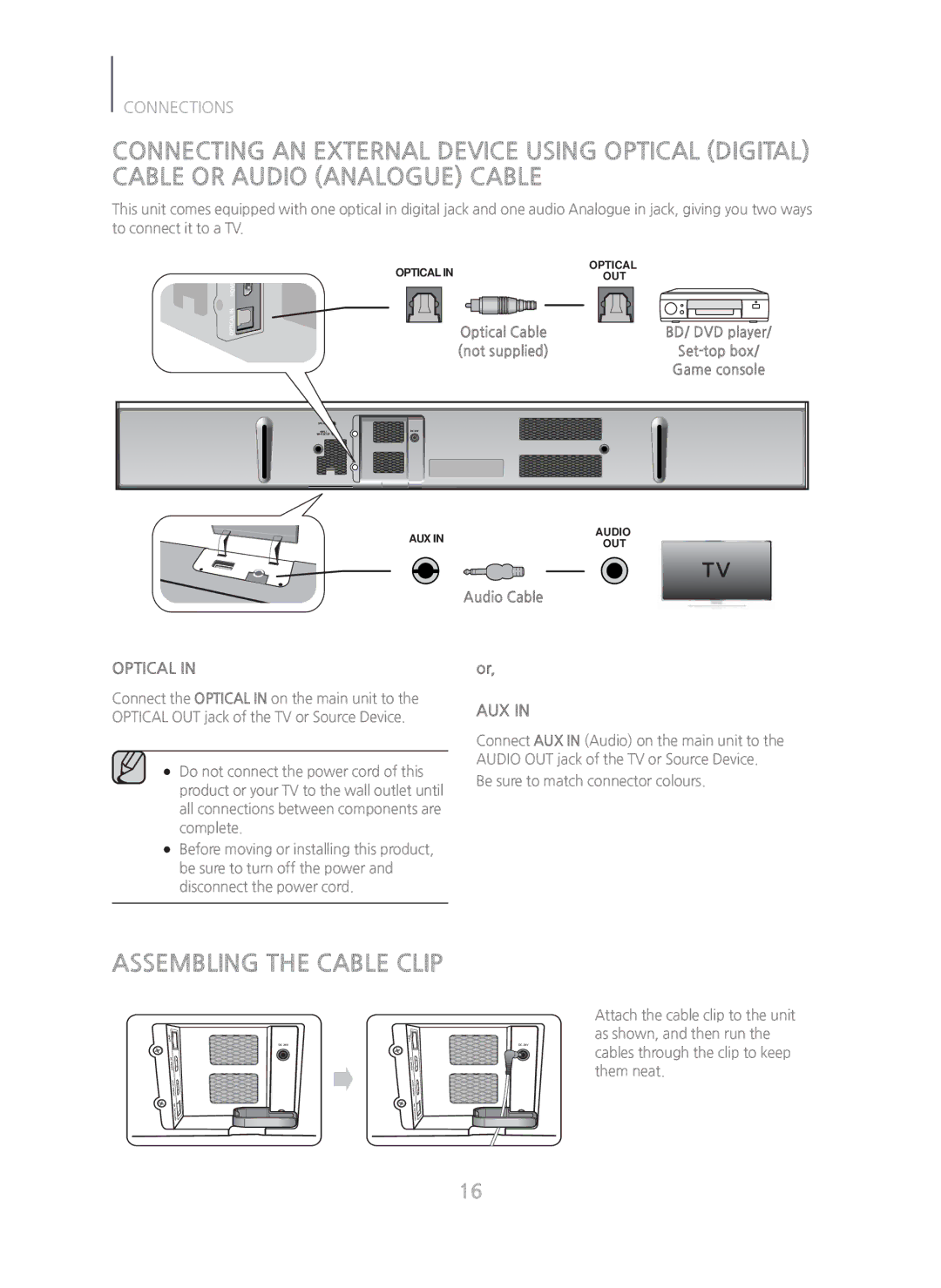 Samsung HWH750 manual Assembling the Cable Clip, Optical Cable, Audio Cable 