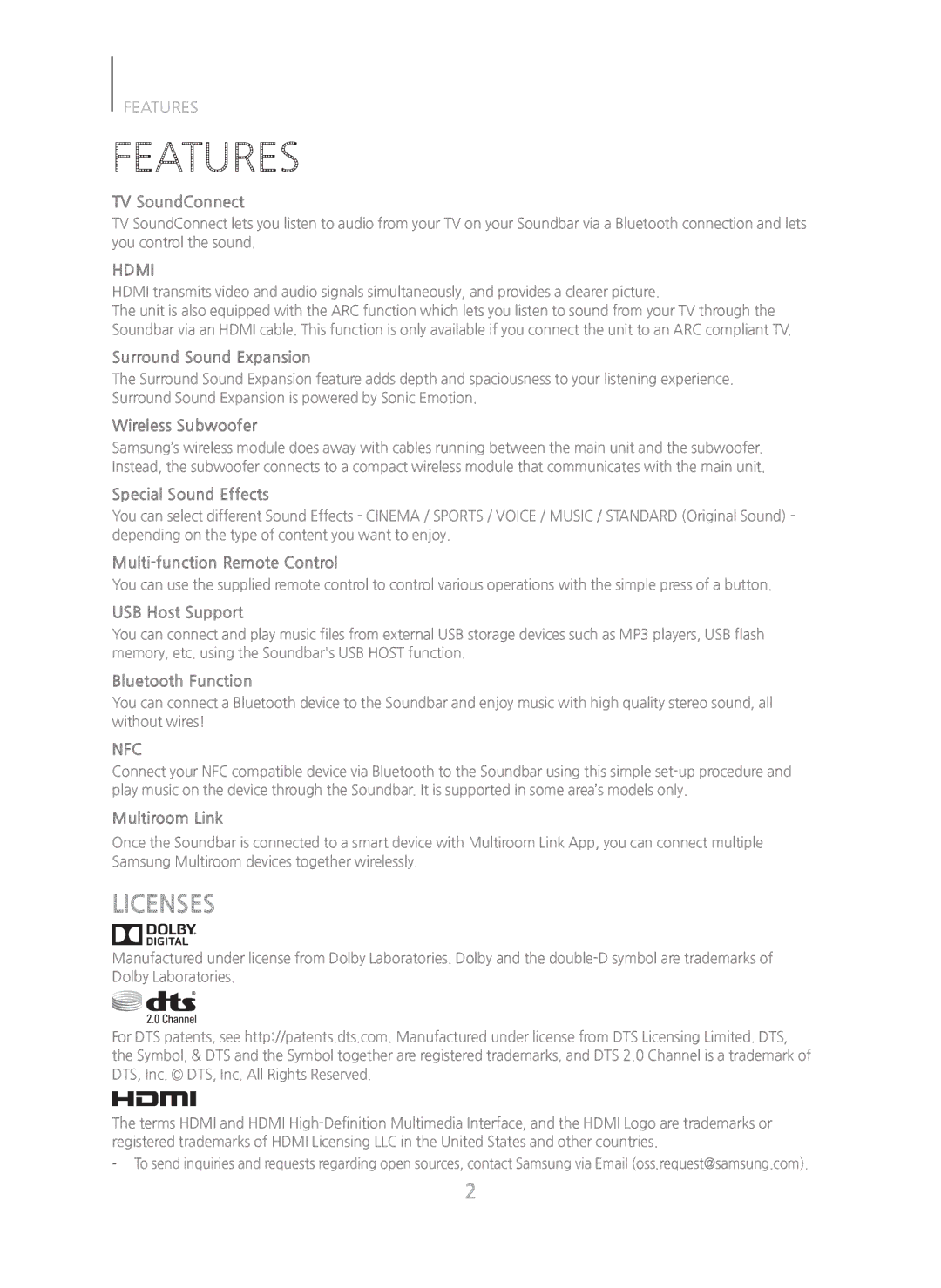 Samsung HWH750 manual Features, Licenses 