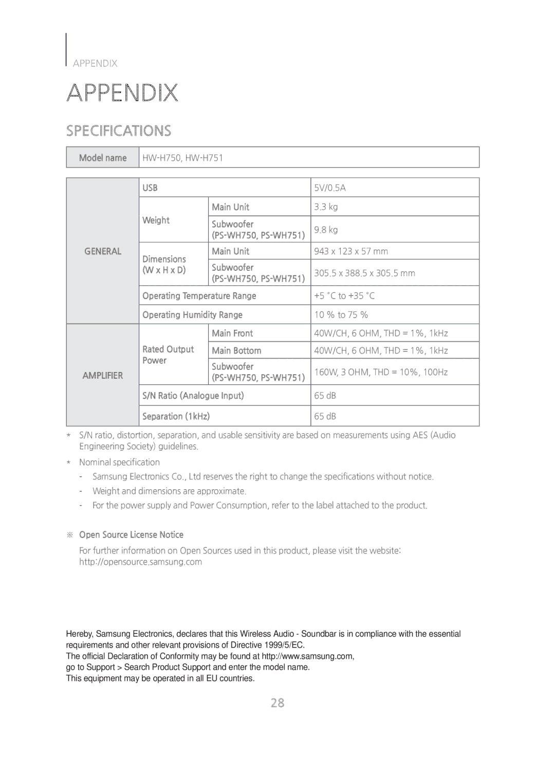 Samsung HWH750 manual Appendix, Specifications 