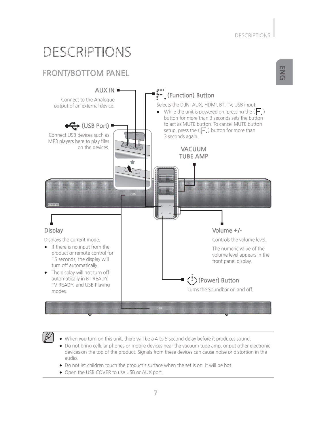 Samsung HWH750 manual Descriptions, FRONT/BOTTOM Panel 