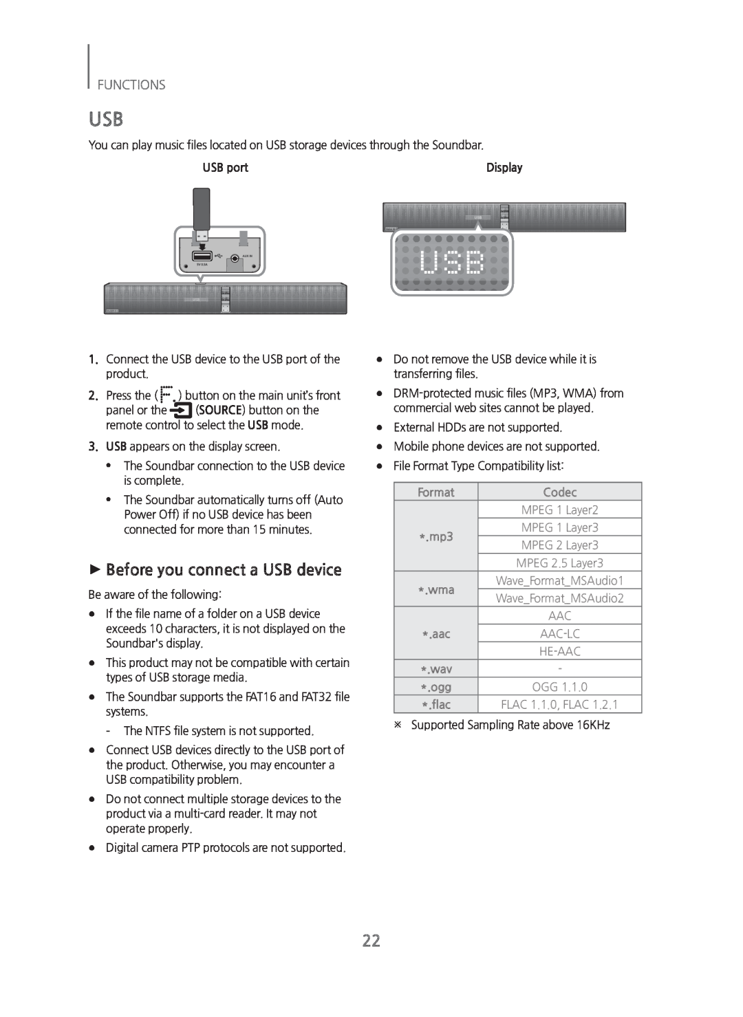 Samsung HWH750 manual +Before you connect a USB device, Functions 