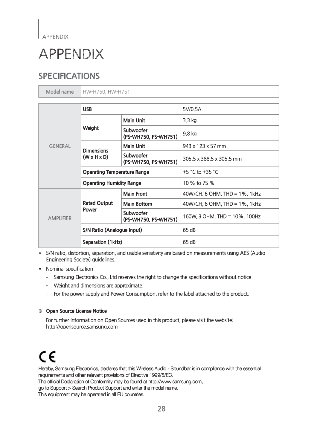 Samsung HWH750 manual Appendix, Specifications 
