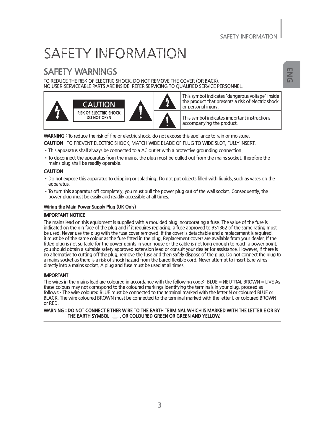 Samsung HWH750 manual Safety Information, Safety Warnings, Wiring the Main Power Supply Plug UK Only, Important Notice 