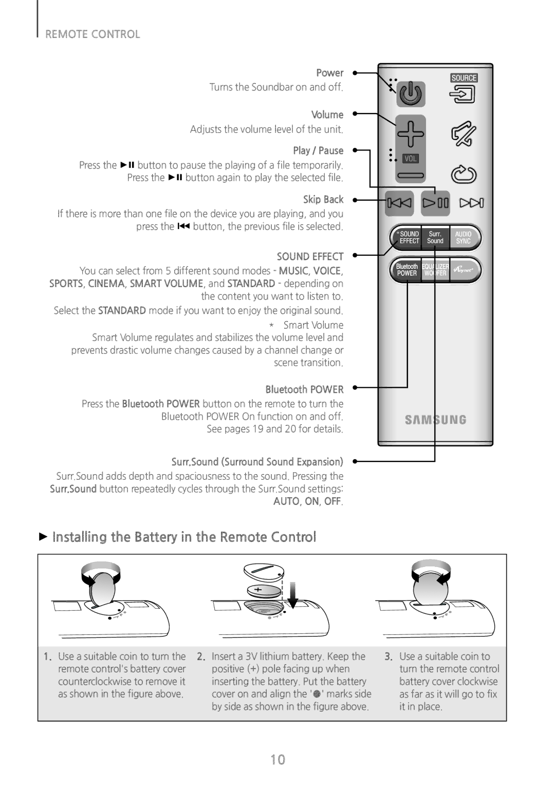 Samsung HWH7500 user manual ++Installing the Battery in the Remote Control, Sound Effect, Auto, On, Off 