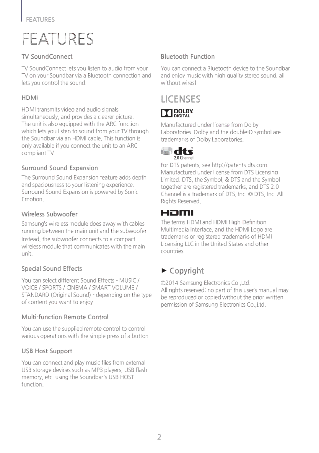 Samsung HWH7500 user manual Features, Licenses, ++Copyright 