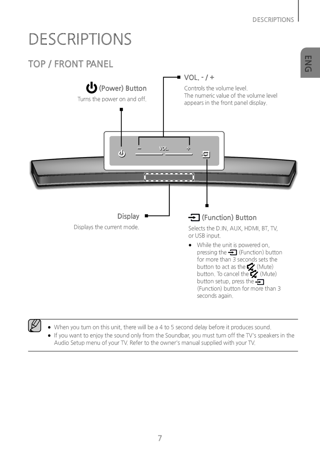 Samsung HWH7500 user manual Descriptions, Top / Front Panel 