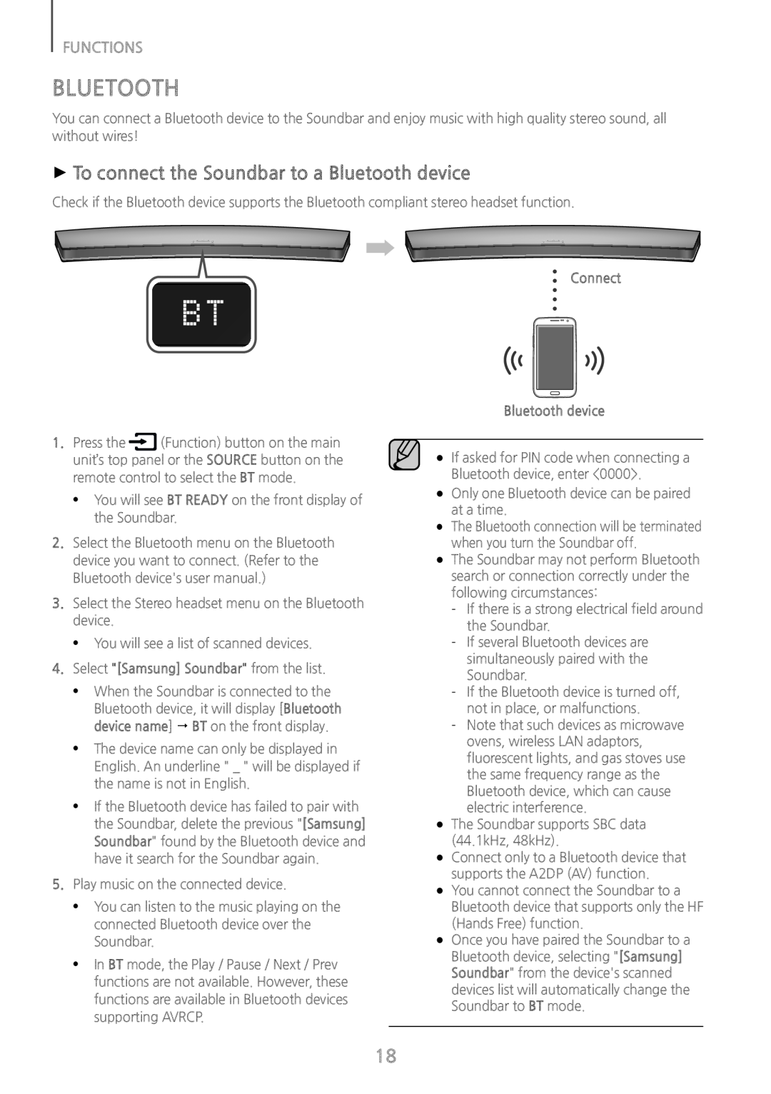 Samsung HWH7500 user manual ++To connect the Soundbar to a Bluetooth device, Functions, Connect Bluetooth device 