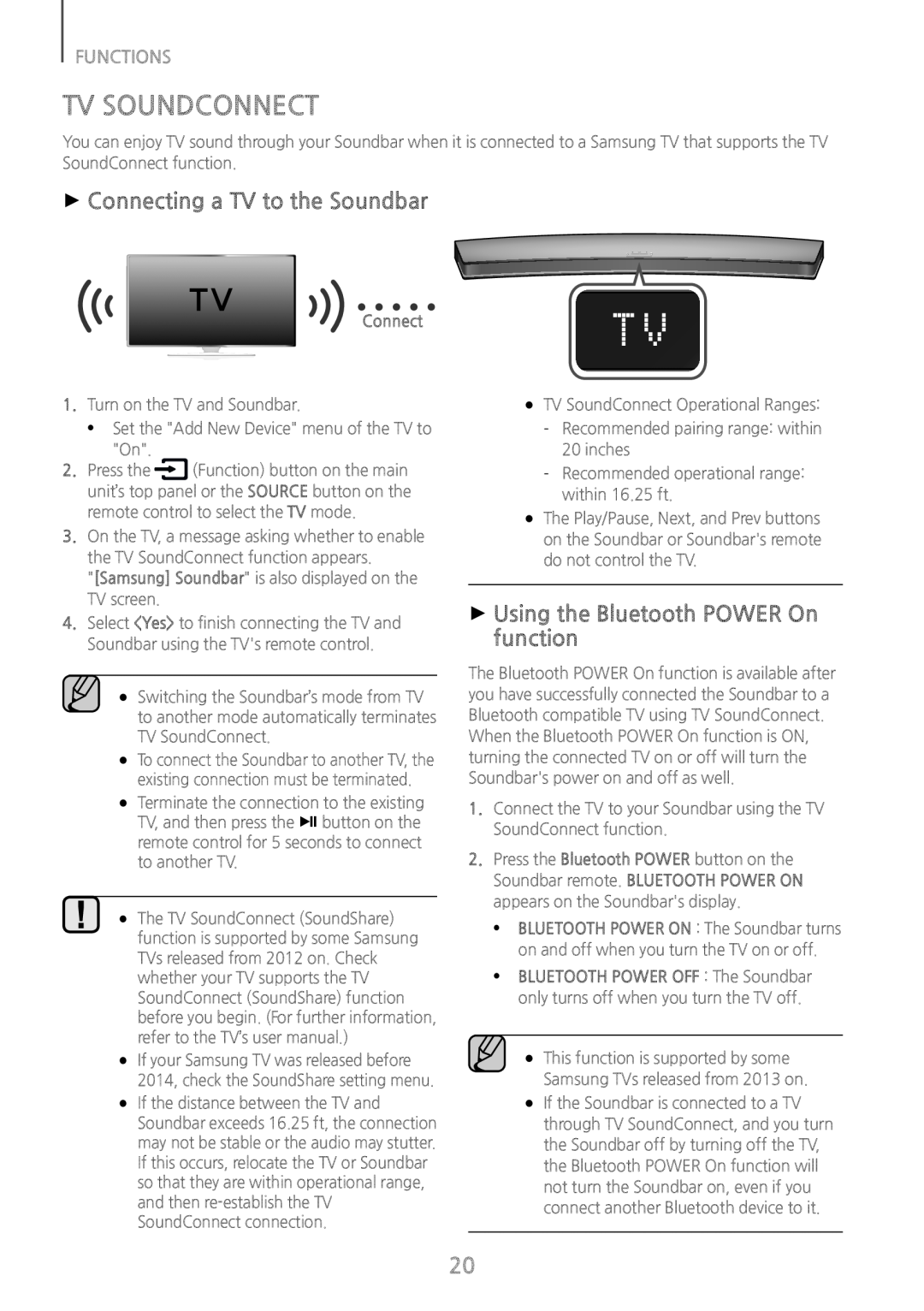 Samsung HWH7500 TV SoundConnect, ++Connecting a TV to the Soundbar, ++Using the Bluetooth POWER On function, Functions 