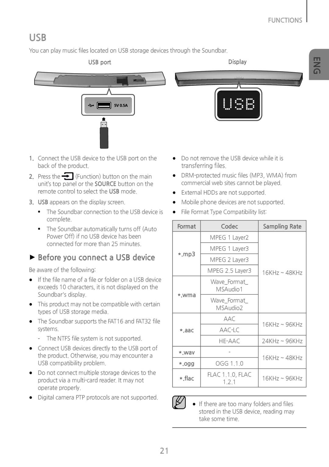 Samsung HWH7500 user manual ++Before you connect a USB device, Functions, USB port, Format, Codec, Sampling Rate, flac 