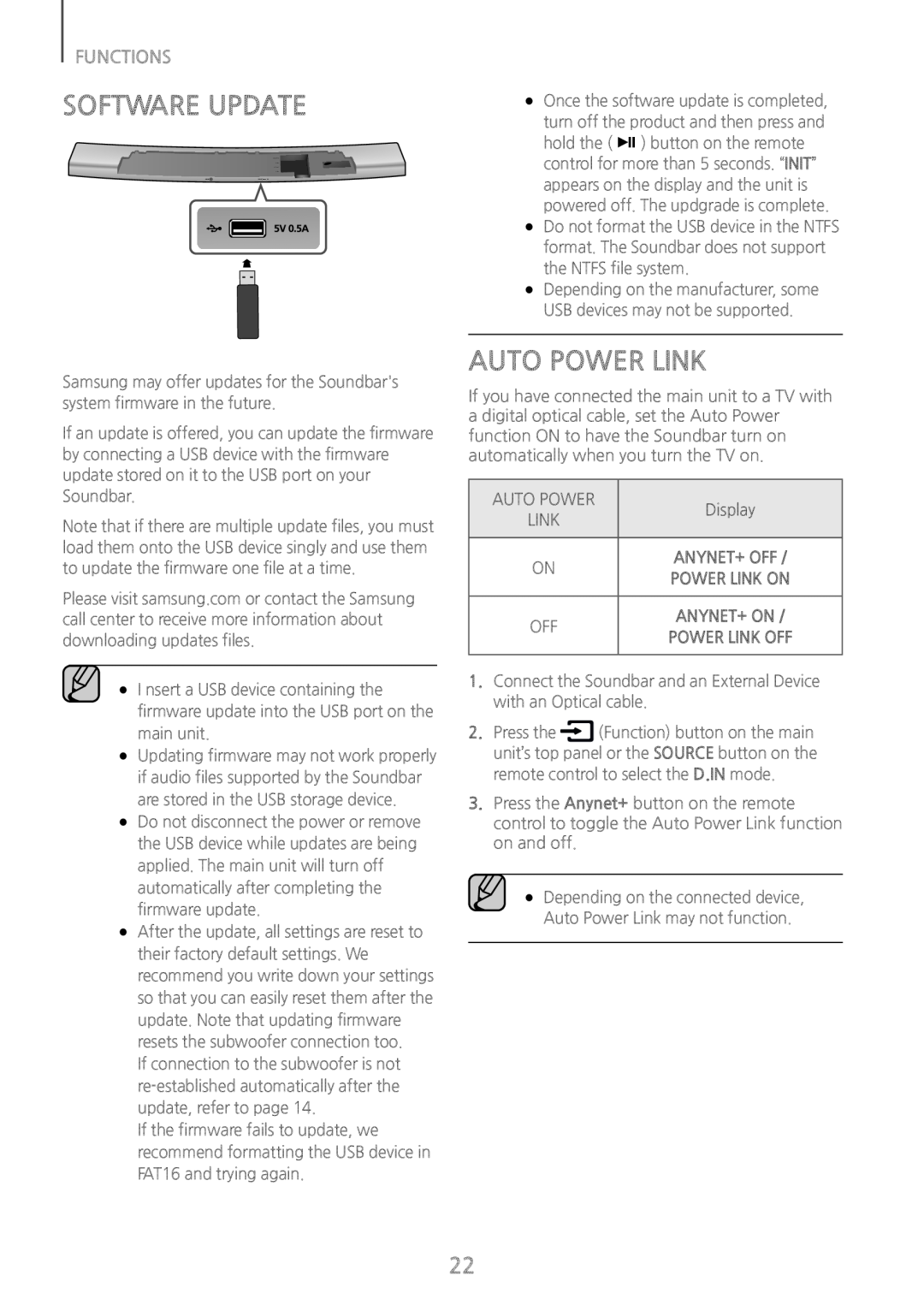 Samsung HWH7500 user manual Software Update, Auto Power Link, Functions 