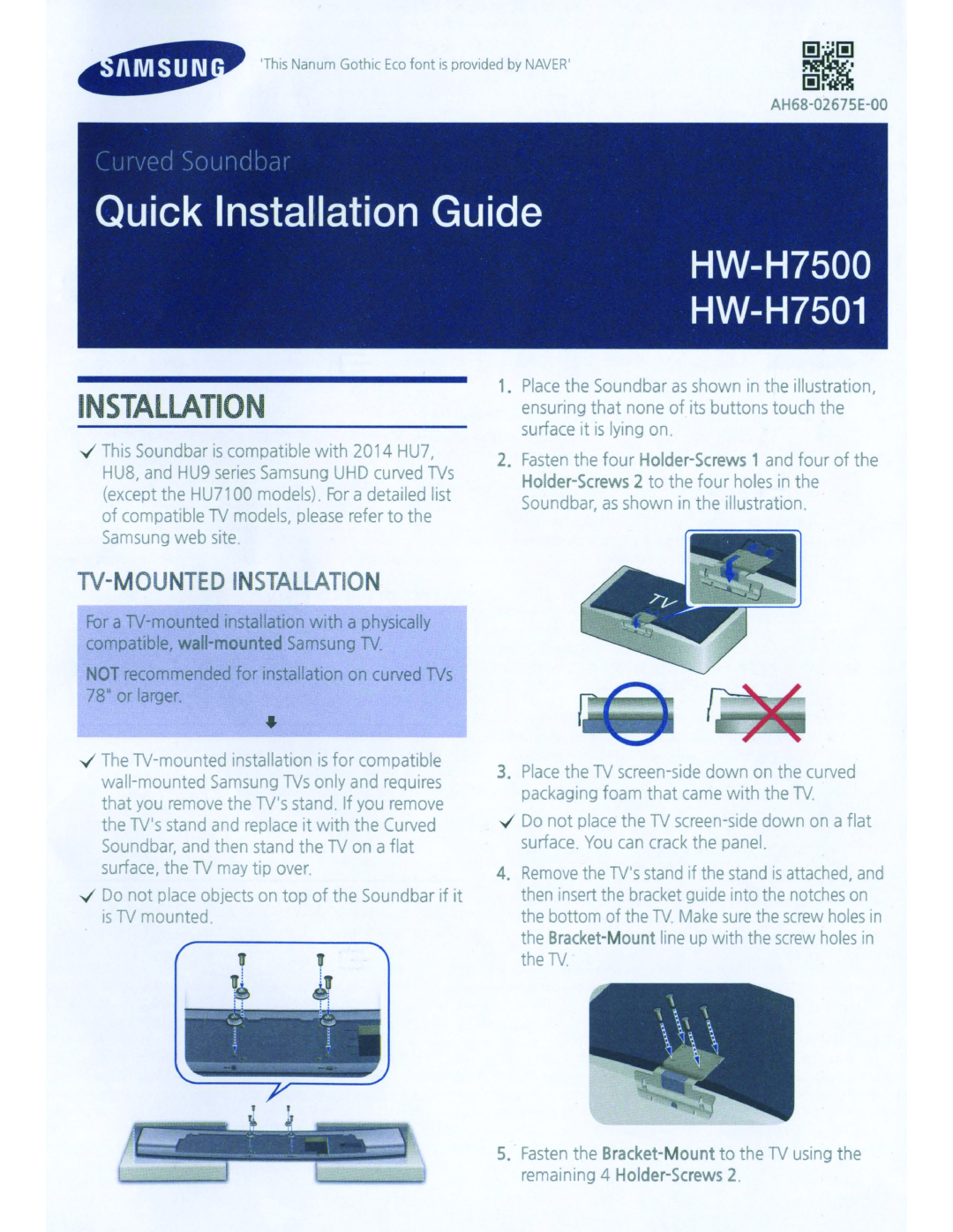 Samsung HWH7500 user manual Installation, Tv-Mountedinstallation 