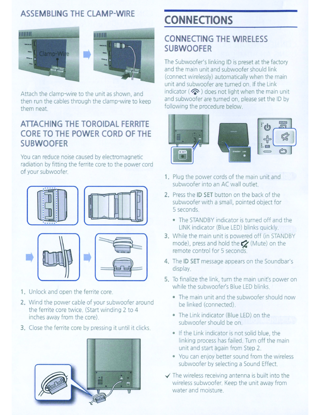 Samsung HWH7500 user manual Connections, ASSEMBliNG THE CLAMP-WIRE, Connecting The Wireless Subwoofer, ·!,.......~ 