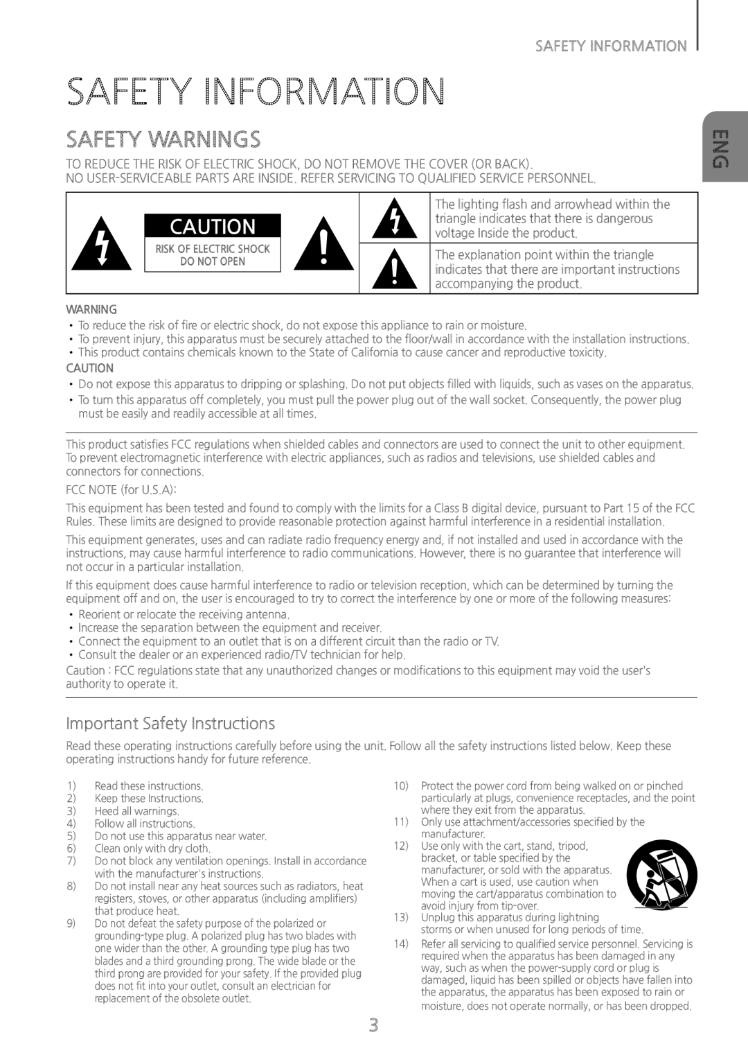 Samsung HWH7500 user manual Safety Information, Safety Warnings, Important Safety Instructions 