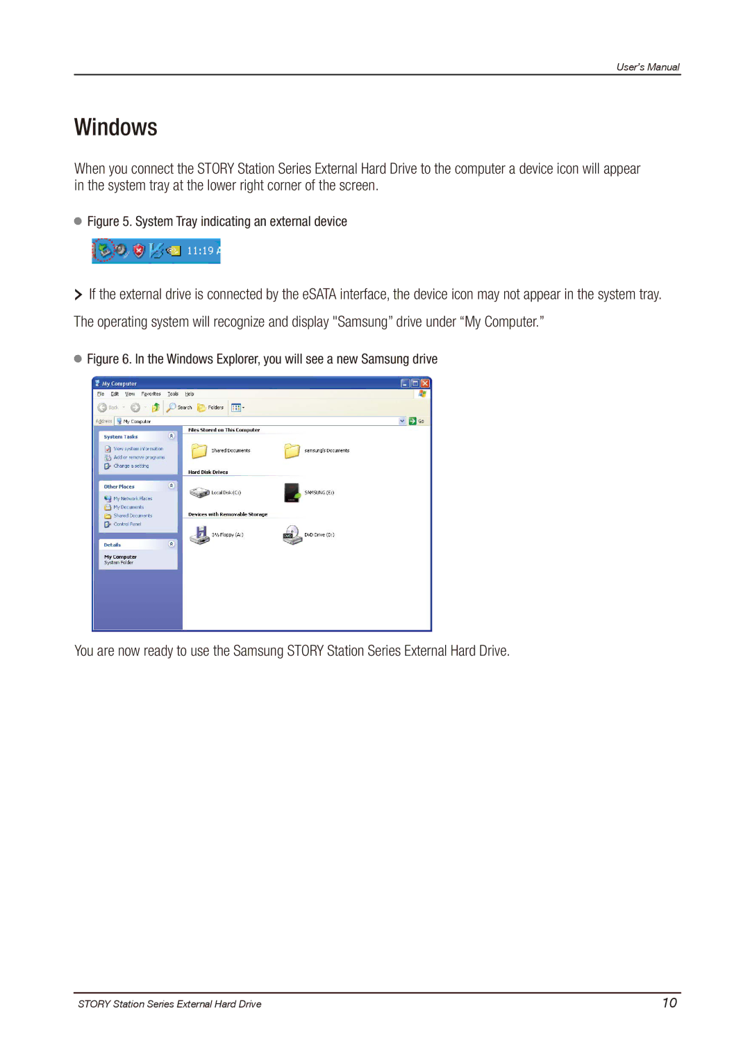 Samsung HX-DT015EB, HX-DU010EB, HX-DU015EB, HX-DU020EB, HX-DE010EB Windows, System Tray indicating an external device 