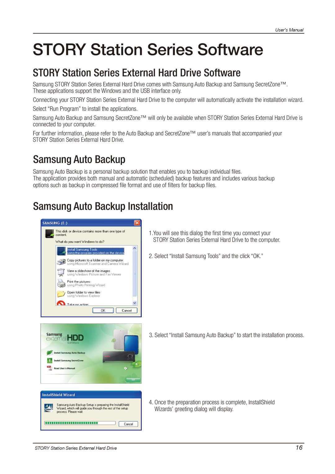 Samsung HX-DE015EB Story Station Series Software, Story Station Series External Hard Drive Software, Samsung Auto Backup 