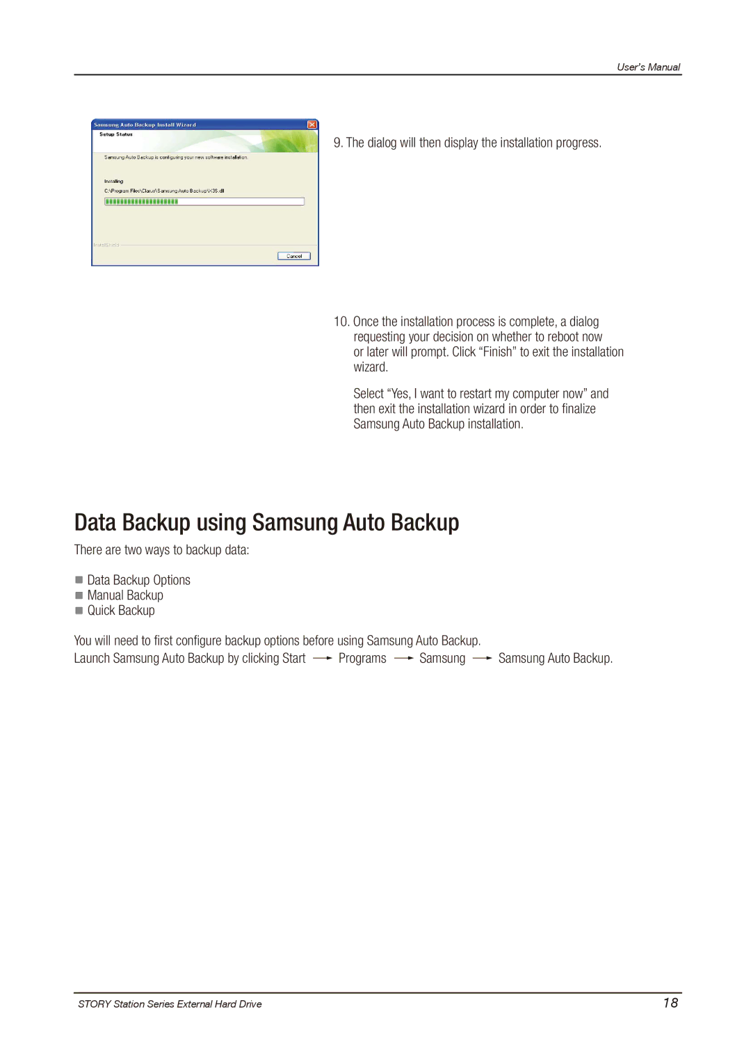 Samsung HX-DU010EB, HX-DT015EB Data Backup using Samsung Auto Backup, Dialog will then display the installation progress 