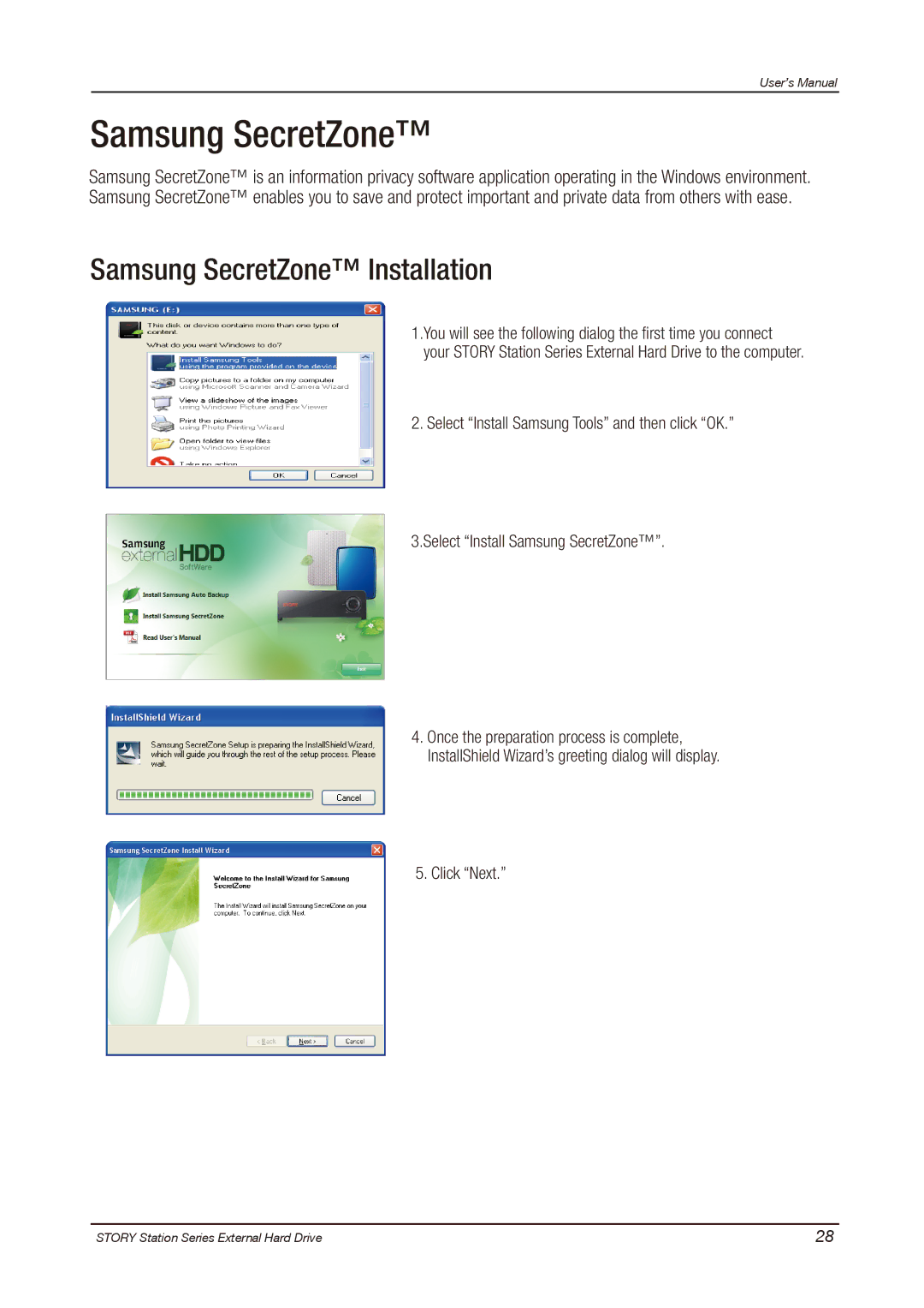 Samsung HX-DT015EB, HX-DU010EB, HX-DU015EB, HX-DU020EB, HX-DE010EB, HX-DE020EB, HX-DT020EB Samsung SecretZone Installation 