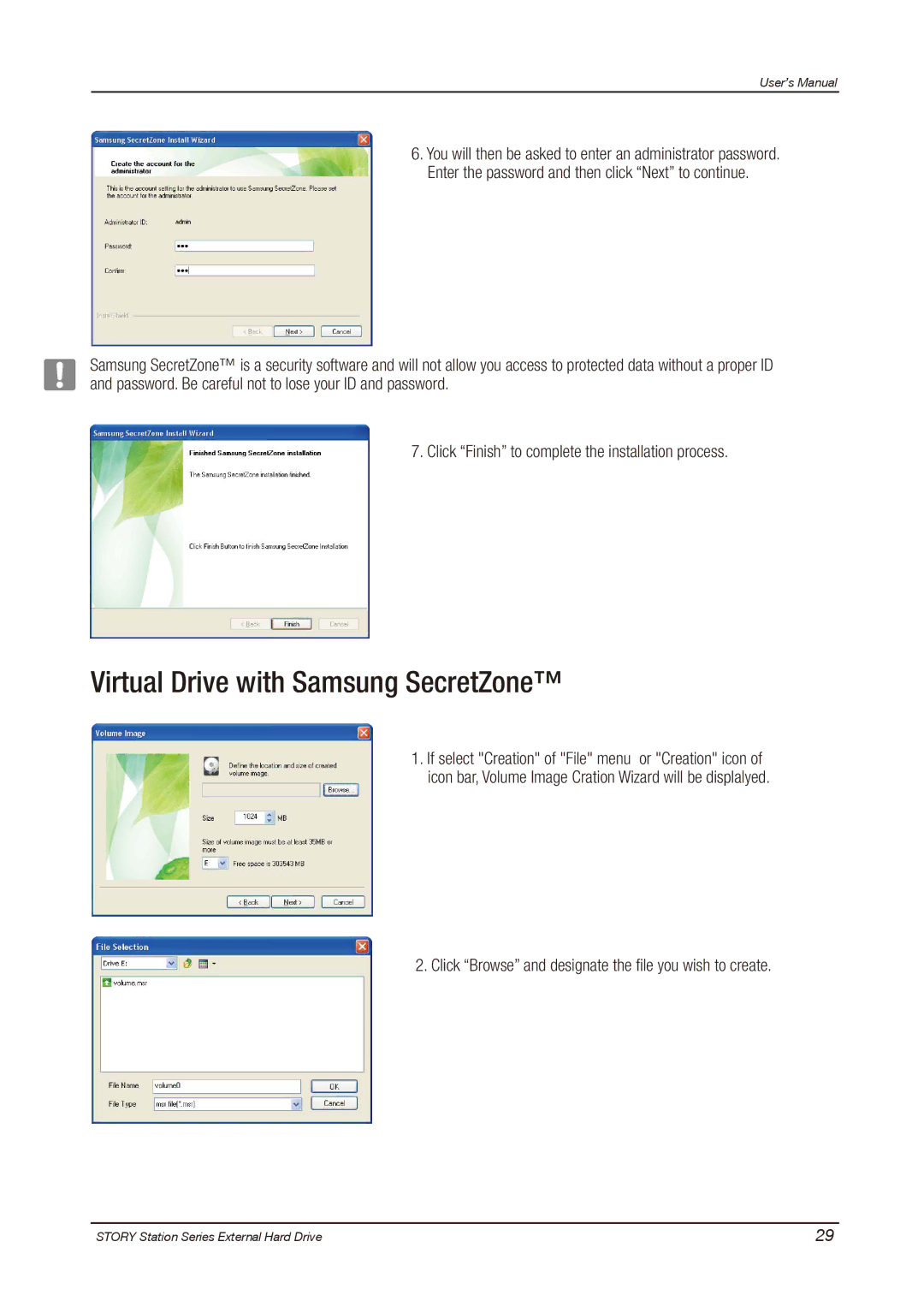 Samsung HX-DU015EB Virtual Drive with Samsung SecretZone, Click Browse and designate the file you wish to create 