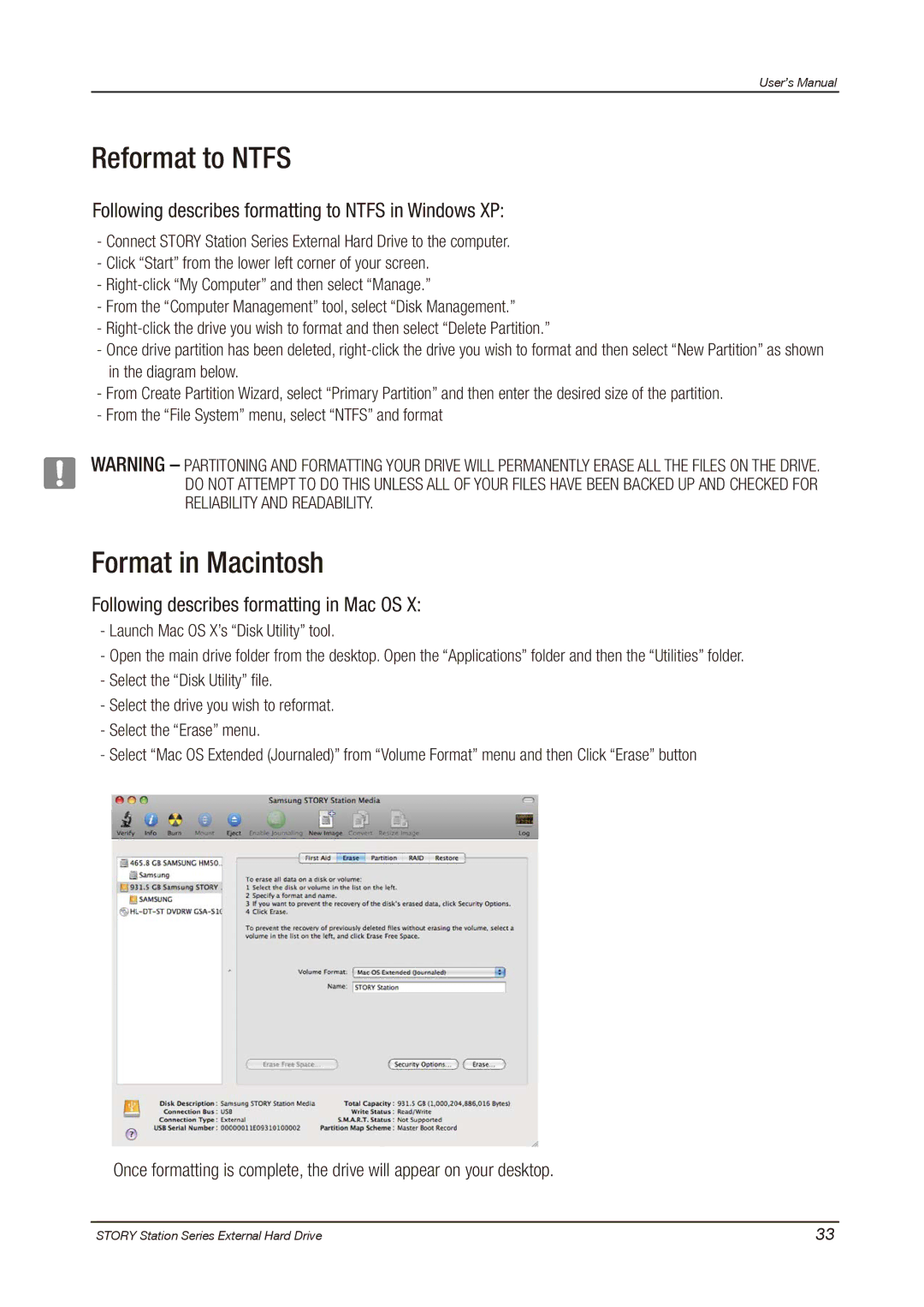 Samsung HX-DT020EB, HX-DU010EB, HX-DT015EB, HX-DU015EB, HX-DU020EB, HX-DE010EB user manual Reformat to Ntfs, Format in Macintosh 