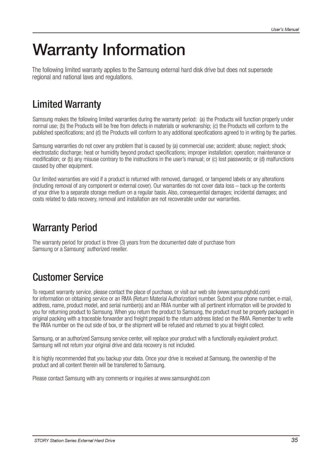 Samsung HX-DTA10EB, HX-DU010EB, HX-DT015EB Warranty Information, Limited Warranty, Warranty Period, Customer Service 