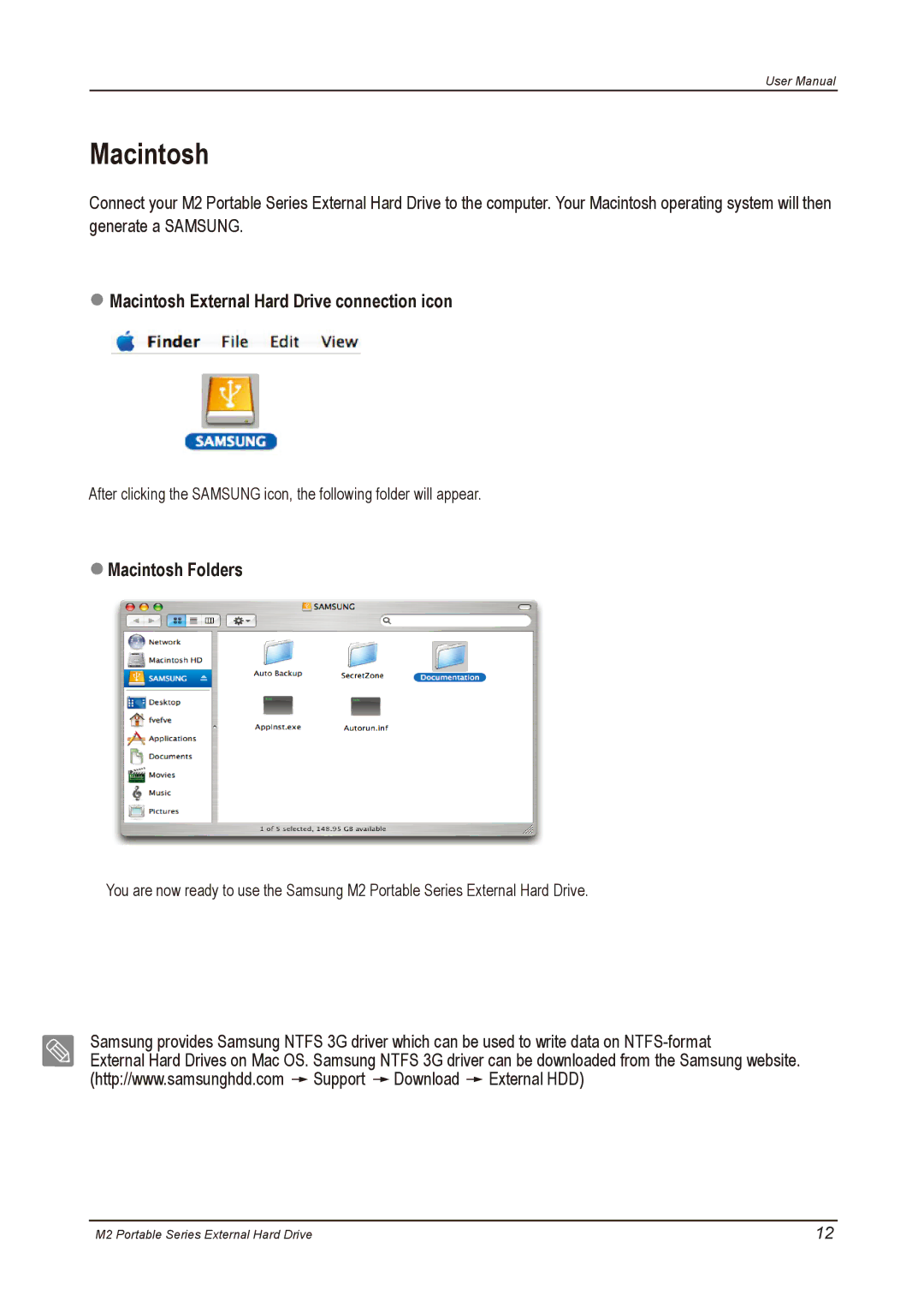 Samsung HX-M500UAB, HX-M500UAY, HX-M500UAE, HX-M640UAE Macintosh External Hard Drive connection icon, Macintosh Folders 