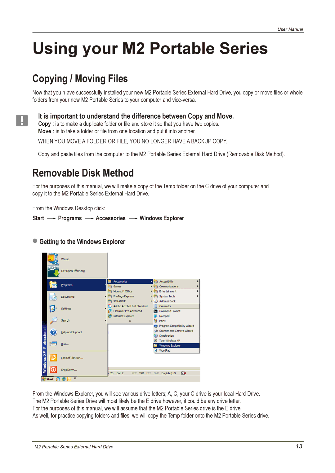 Samsung HX-M640UAE, HX-M500UAY, HX-M500UAE Using your M2 Portable Series, Copying / Moving Files, Removable Disk Method 