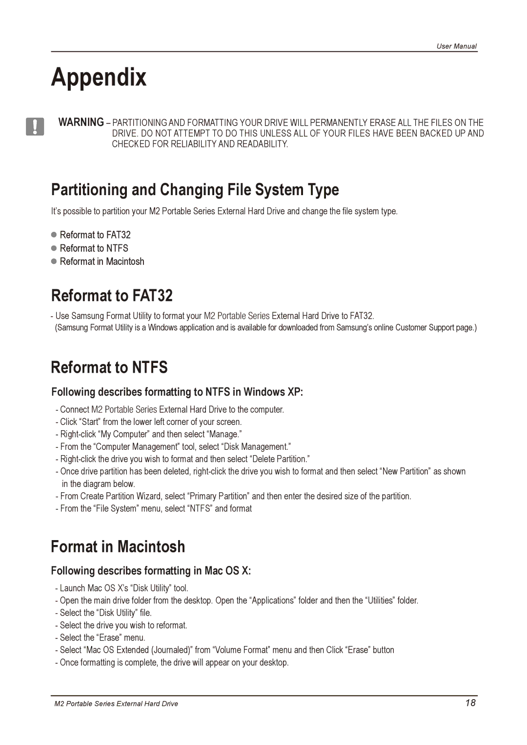 Samsung HX-M750UAB, HX-M500UAY Appendix, Partitioning and Changing File System Type, Reformat to FAT32, Reformat to Ntfs 