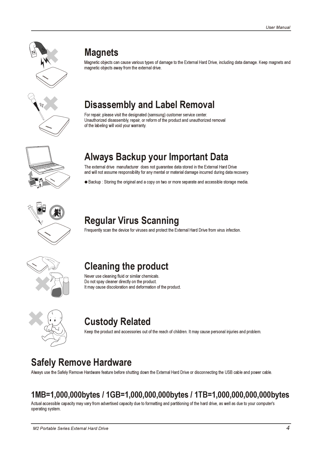 Samsung HX-M250UAB Magnets, Disassembly and Label Removal, Always Backup your Important Data, Regular Virus Scanning 