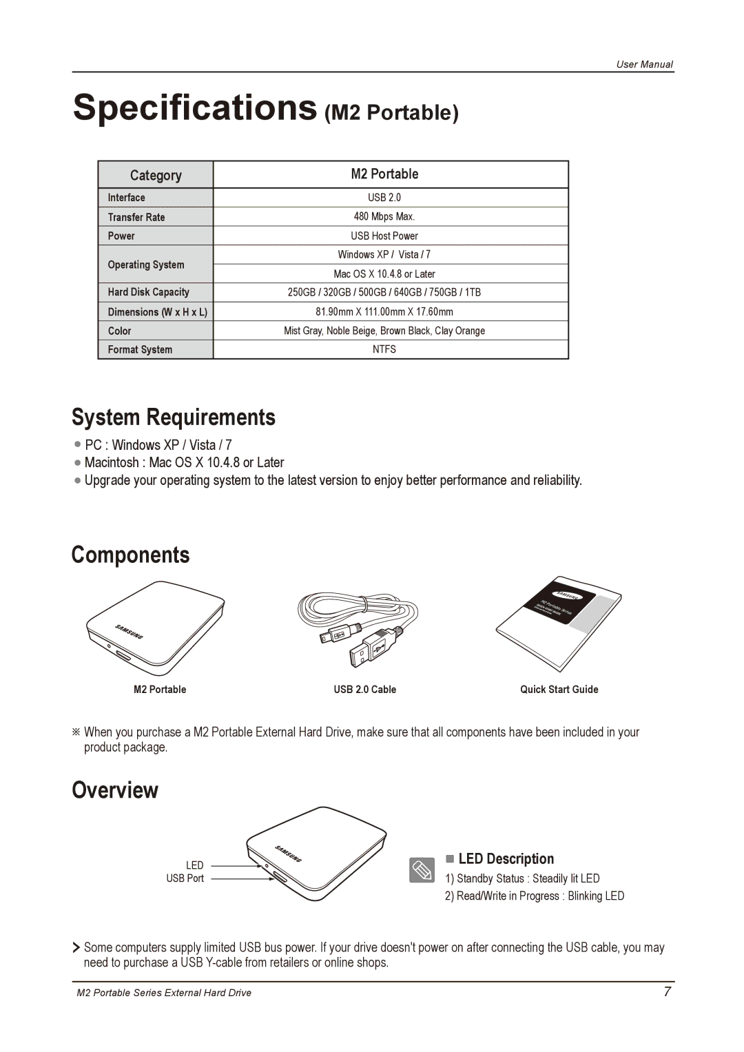 Samsung HX-M640UAB, HX-M500UAY, HX-M500UAE, HX-M500UAB Specifications M2 Portable, System Requirements, Components, Overview 