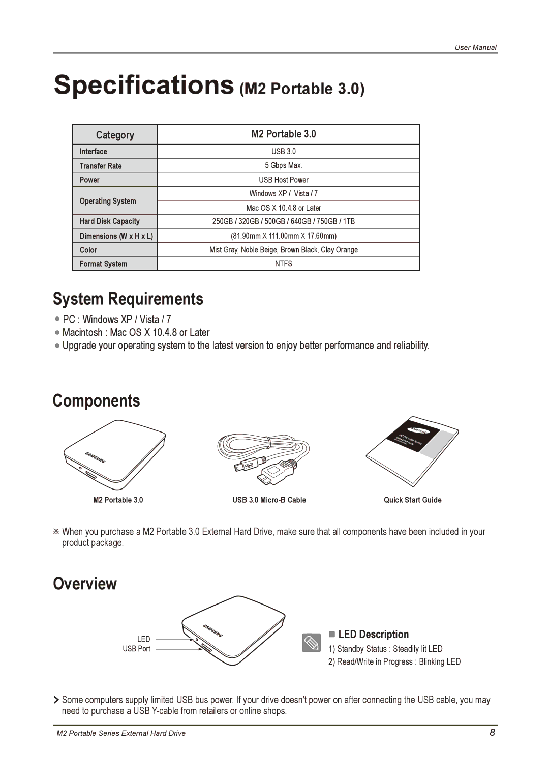 Samsung HX-M750UAB, HX-M500UAY, HX-M500UAE, HX-M500UAB, HX-M640UAE, HX-M250UAB, HX-M640UAY user manual Specifications M2 Portable 