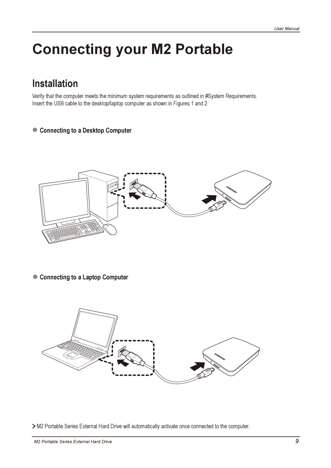 Samsung HX-M500UAA, HX-M500UAY, HX-M500UAE, HX-M500UAB, HX-M640UAE, HX-M250UAB Connecting your M2 Portable, Installation 