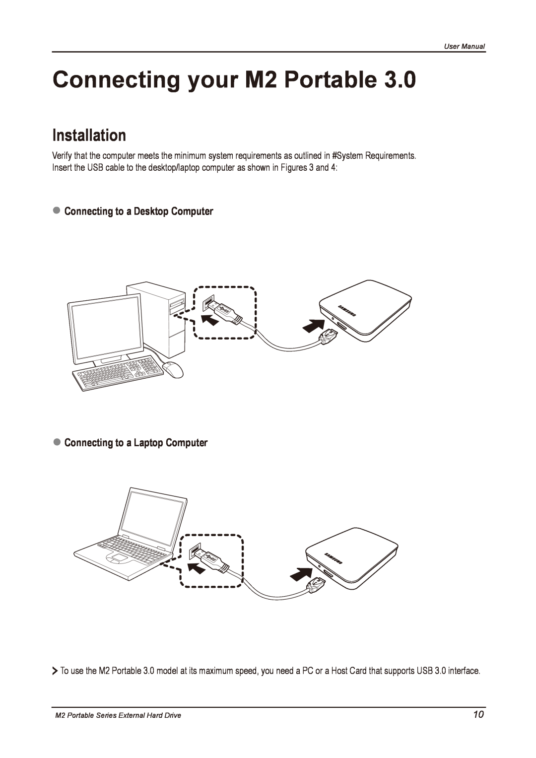 Samsung HX-M500UAY Connecting your M2 Portable, Installation, User Manual, M2 Portable Series External Hard Drive 