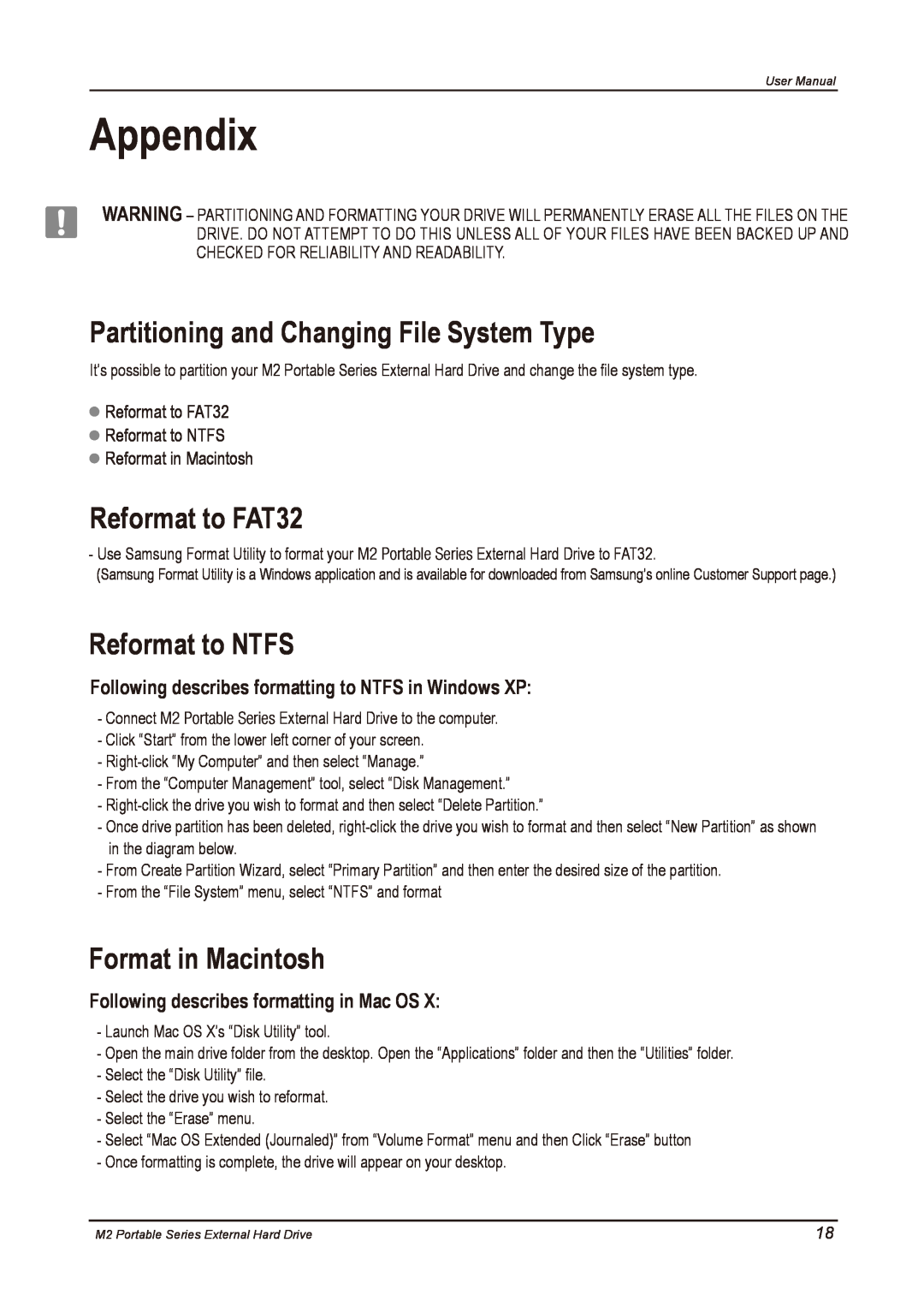 Samsung HX-M750UAB, HX-M500UAY Appendix, Partitioning and Changing File System Type, Reformat to FAT32, Reformat to NTFS 