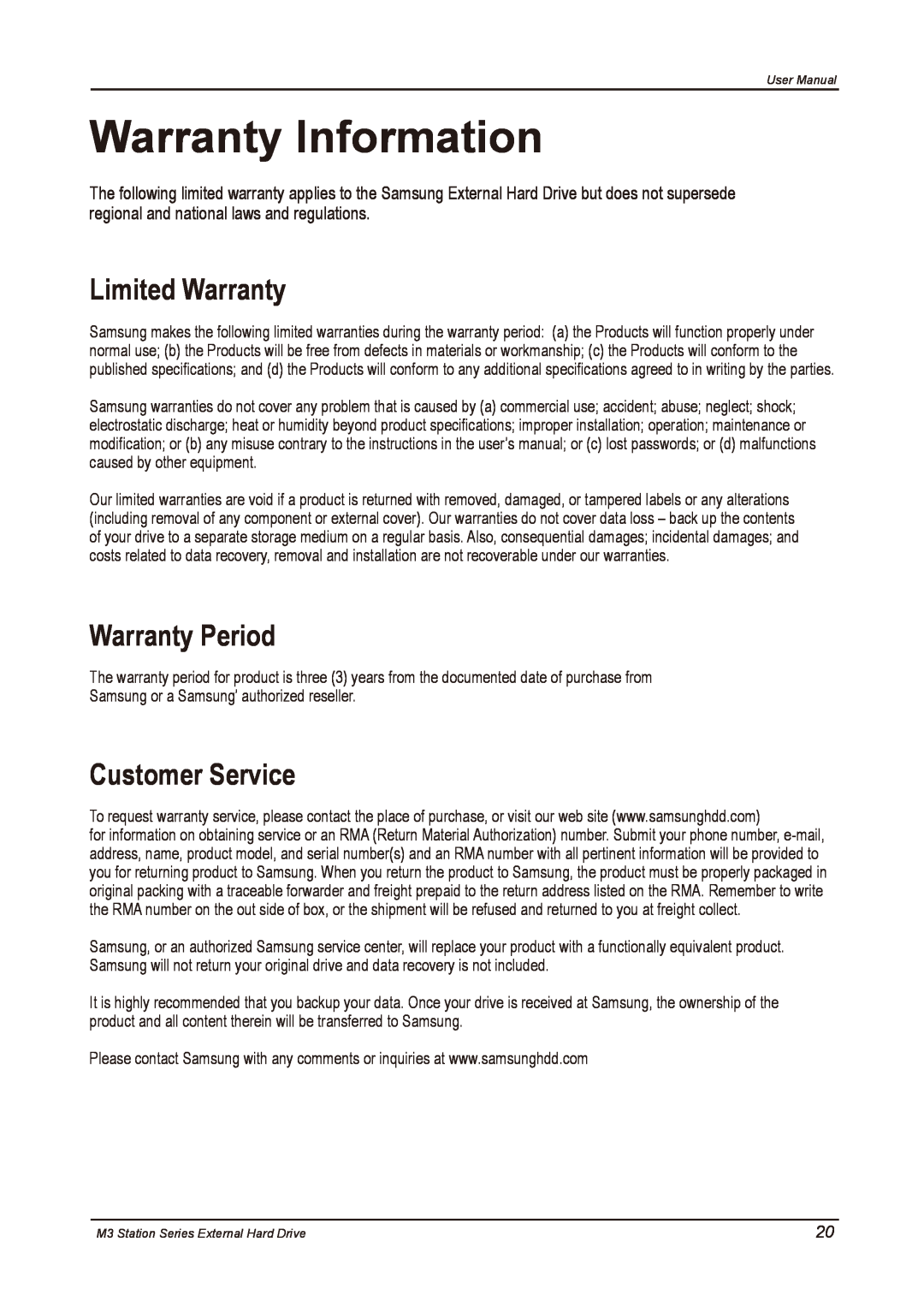 Samsung HX-M500UAY, HX-M500UAE, HX-M500UAB Warranty Information, Limited Warranty, Warranty Period, Customer Service 