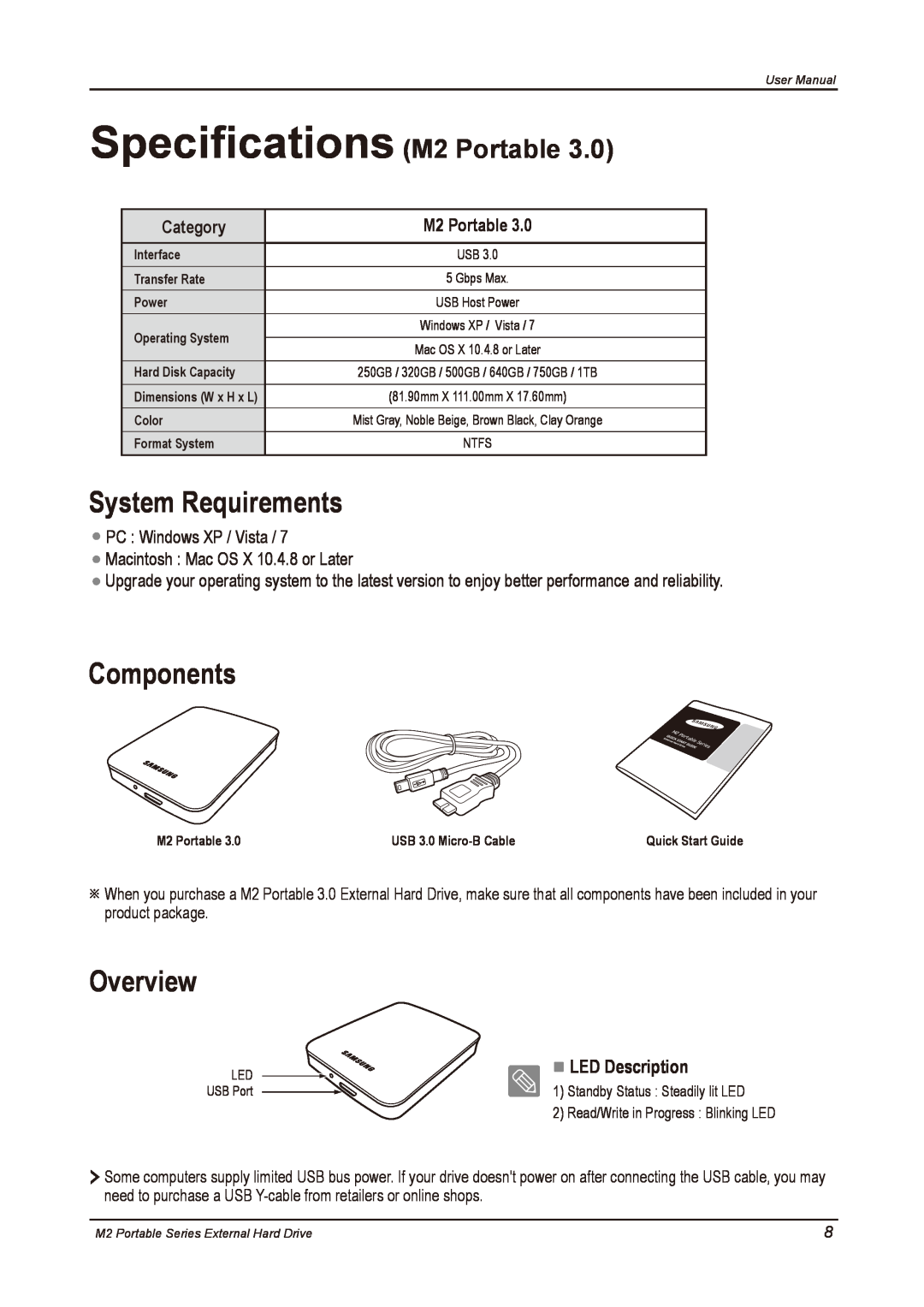 Samsung HX-M750UAB System Requirements, Components, Overview, Specifications M2 Portable, Category, LED Description 