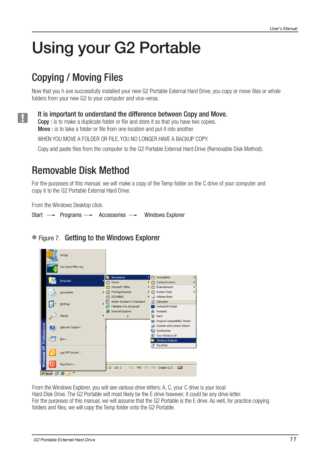 Samsung HX-MU025DC user manual Using your G2 Portable, Copying / Moving Files, Removable Disk Method 