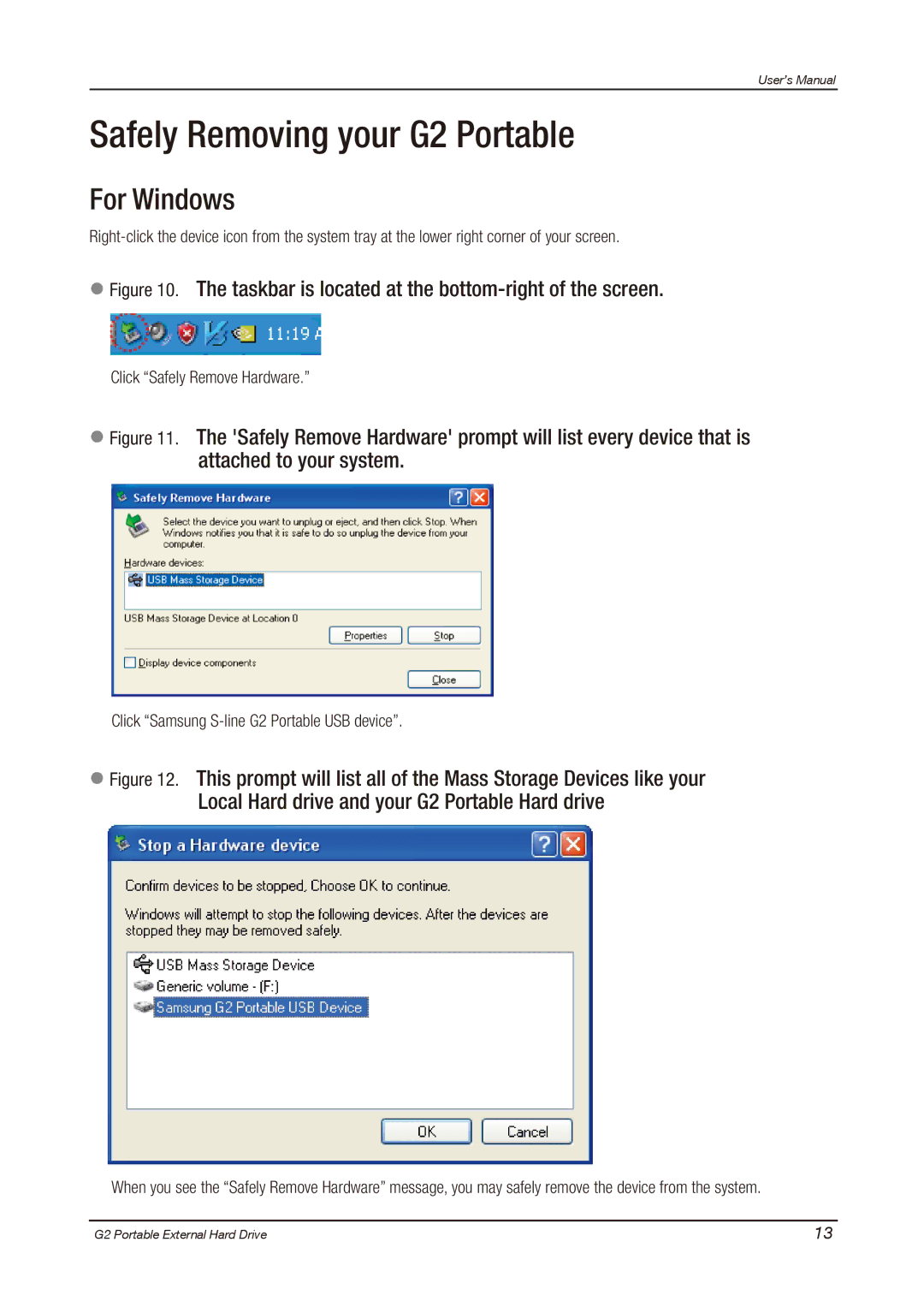 Samsung HX-MU025DC user manual For Windows, Click Safely Remove Hardware, Click Samsung S-line G2 Portable USB device 